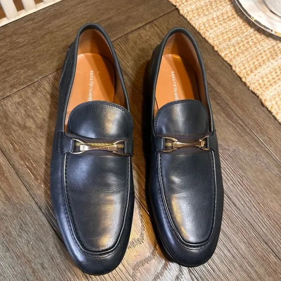 Saks Fifth Avenue Firenze Leather Loafers Dress Shoes Gold Accent Navy 13M