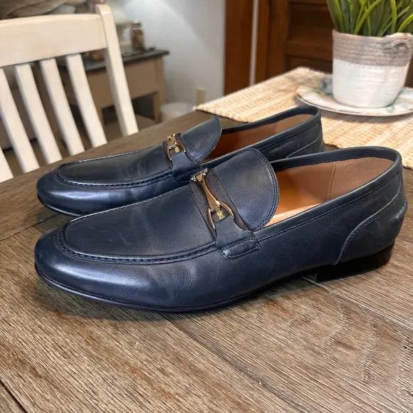 Saks Fifth Avenue Firenze Leather Loafers Dress Shoes Gold Accent Navy 13M