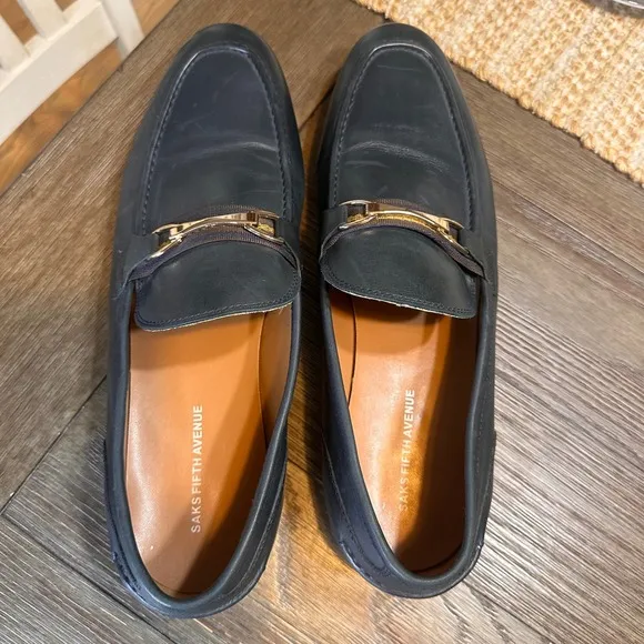 Saks Fifth Avenue Firenze Leather Loafers Dress Shoes Gold Accent Navy 13M