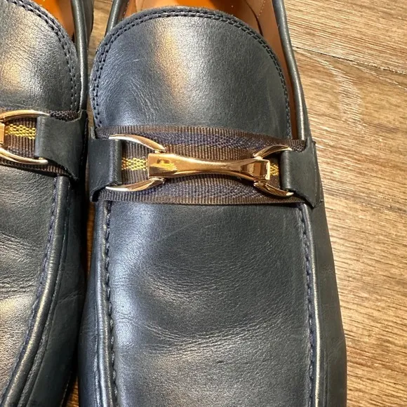Saks Fifth Avenue Firenze Leather Loafers Dress Shoes Gold Accent Navy 13M