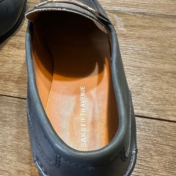 Saks Fifth Avenue Firenze Leather Loafers Dress Shoes Gold Accent Navy 13M