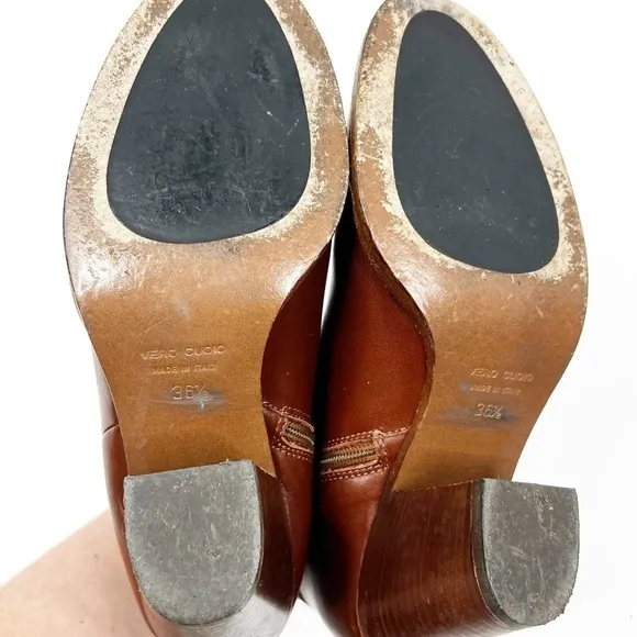 SAKS Fifth Avenue Italian Leather Cognac Ankle Booties, Size 36.5