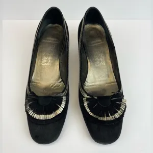 Salvatore Ferragamo Black and Gold Flats with Decorative Toe