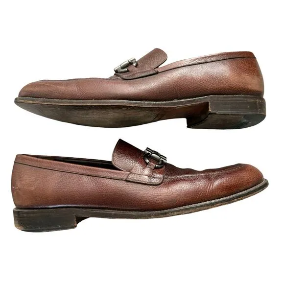 Salvatore Ferragamo Brown Calf Pebble Leather Dress Shoes Loafers size 10.5