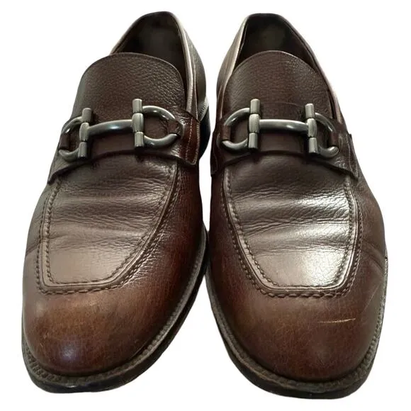 Salvatore Ferragamo Brown Calf Pebble Leather Dress Shoes Loafers size 10.5