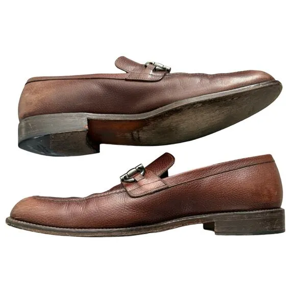 Salvatore Ferragamo Brown Calf Pebble Leather Dress Shoes Loafers size 10.5