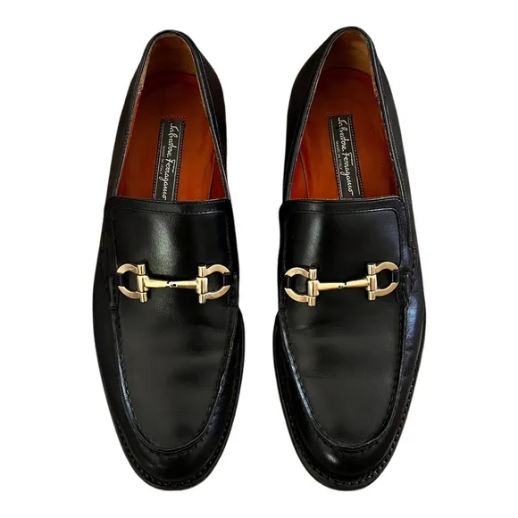 Salvatore Ferragamo Mens Tramezza Mix Gancini Bit Black Leather Loafers Sz 8 EE