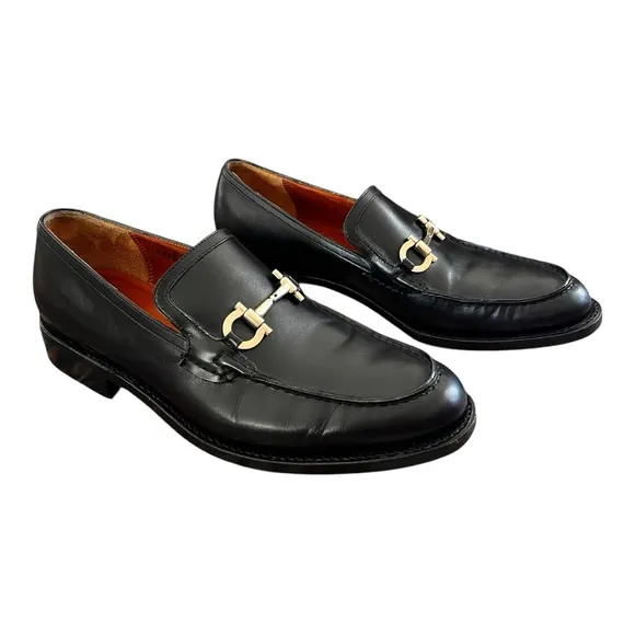 Salvatore Ferragamo Mens Tramezza Mix Gancini Bit Black Leather Loafers Sz 8 EE