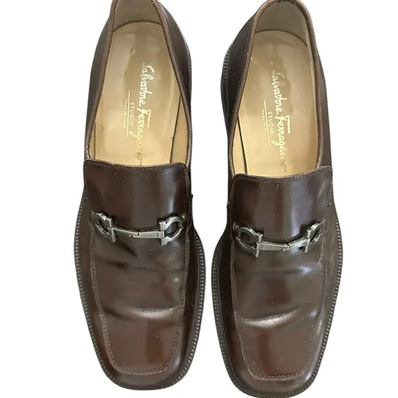 Salvatore Ferragamo Studio Brown Leather Slip On Bit Loafers Men's Size 9 D