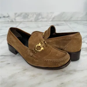 Salvatore Ferragamo Suede Tan Loafers‎ with Gold Buckle, Size 7.5