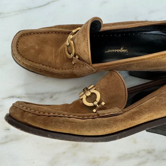 Salvatore Ferragamo Suede Tan Loafers‎ with Gold Buckle, Size 7.5