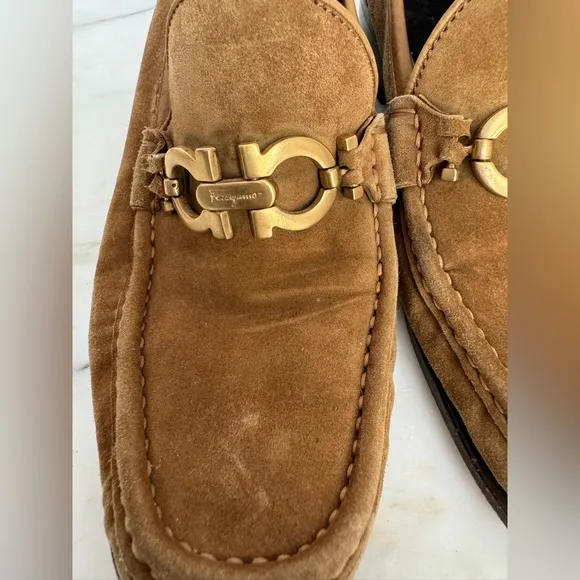 Salvatore Ferragamo Suede Tan Loafers‎ with Gold Buckle, Size 7.5