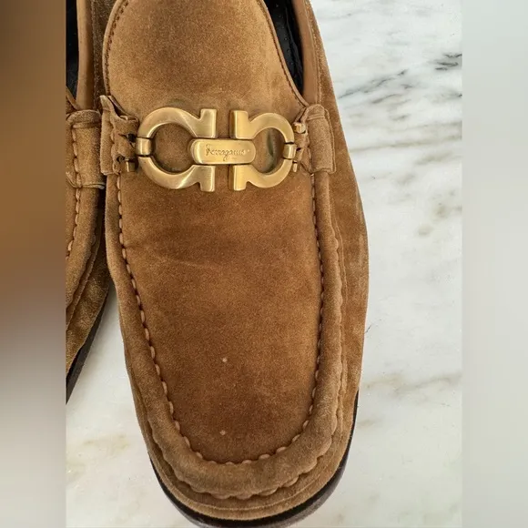 Salvatore Ferragamo Suede Tan Loafers‎ with Gold Buckle, Size 7.5
