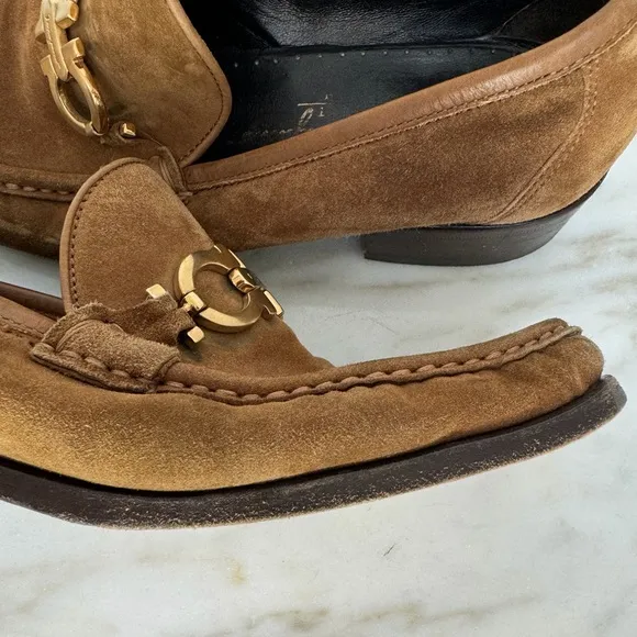 Salvatore Ferragamo Suede Tan Loafers‎ with Gold Buckle, Size 7.5