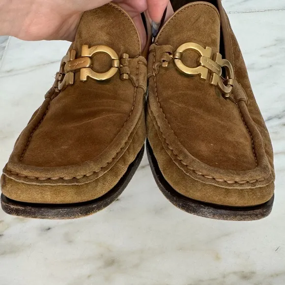 Salvatore Ferragamo Suede Tan Loafers‎ with Gold Buckle, Size 7.5