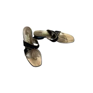 Salvatore Ferragamo Vintage Gold Black Brocade Thong Sandals Size 10.5 B
