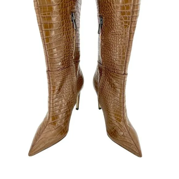 Sam Edelman Fraya Crocodile Embossed Tall High Heel Boots SZ 6 Brown New