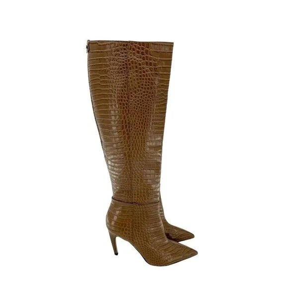 Sam Edelman Fraya Crocodile Embossed Tall High Heel Boots SZ 6 Brown New