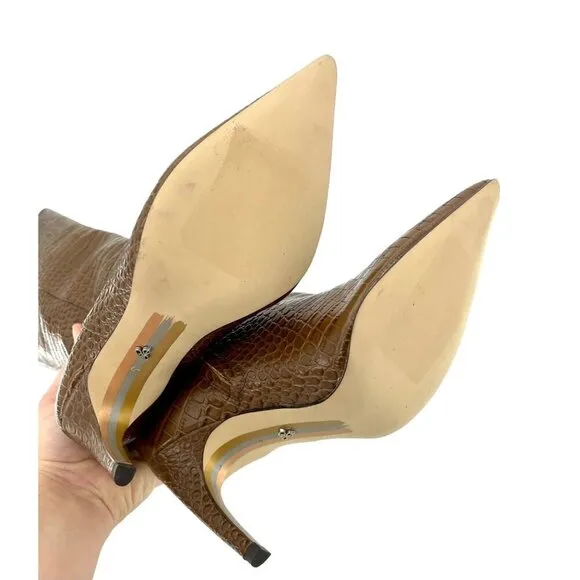 Sam Edelman Fraya Crocodile Embossed Tall High Heel Boots SZ 6 Brown New