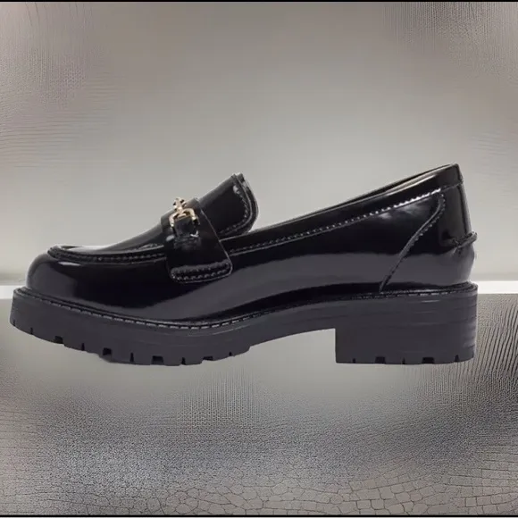 Sam Edelman LEATHER KID TULLY LUG SOLE LOAFER Black Box W/Gold Chain Decorative
