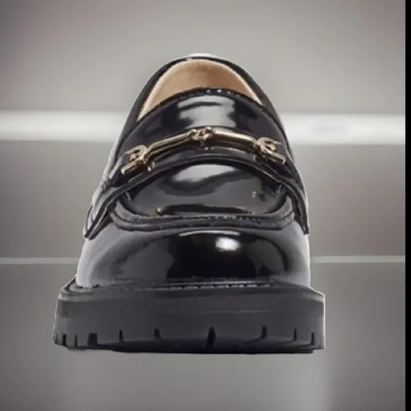 Sam Edelman LEATHER KID TULLY LUG SOLE LOAFER Black Box W/Gold Chain Decorative