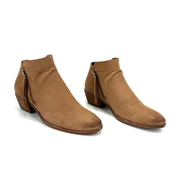 SAM EDELMAN “PACKER” TAN BUTTERY LEATHER STOCKED BLOCK HEEL ANKLE BOOTS/BOOTIES