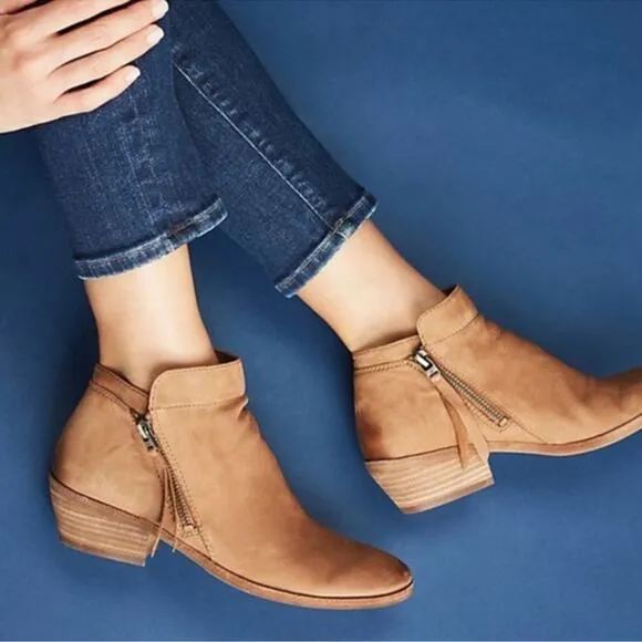 SAM EDELMAN “PACKER” TAN BUTTERY LEATHER STOCKED BLOCK HEEL ANKLE BOOTS/BOOTIES