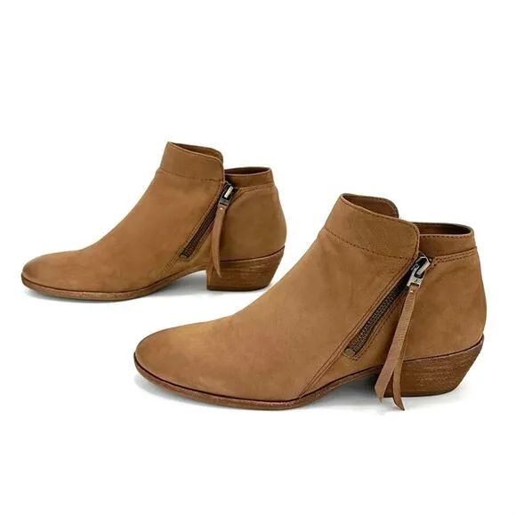 SAM EDELMAN “PACKER” TAN BUTTERY LEATHER STOCKED BLOCK HEEL ANKLE BOOTS/BOOTIES