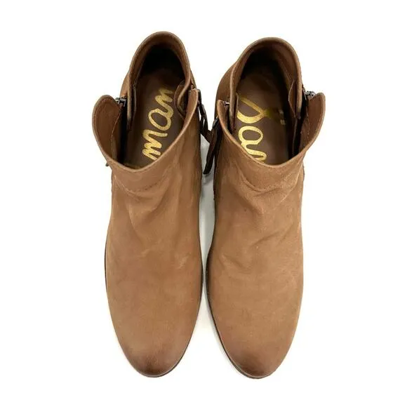 SAM EDELMAN “PACKER” TAN BUTTERY LEATHER STOCKED BLOCK HEEL ANKLE BOOTS/BOOTIES