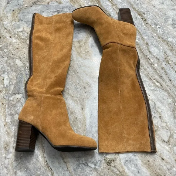 SAM EDELMAN Silas Caramel Brown Suede Knee High Stacked Heel Boots