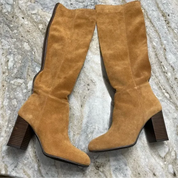 SAM EDELMAN Silas Caramel Brown Suede Knee High Stacked Heel Boots