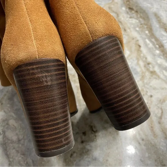 SAM EDELMAN Silas Caramel Brown Suede Knee High Stacked Heel Boots