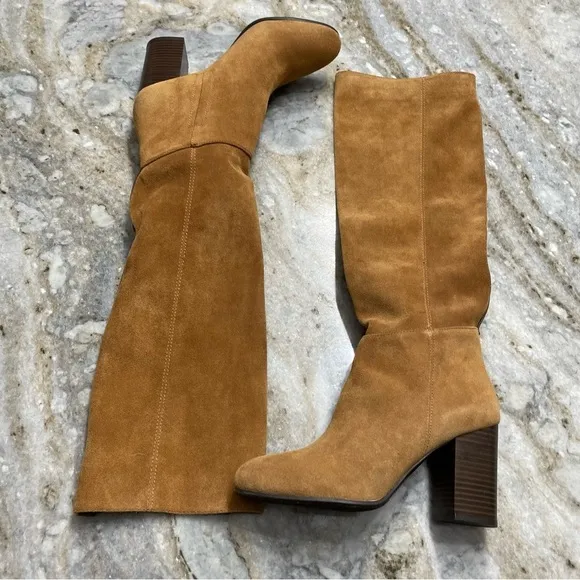 SAM EDELMAN Silas Caramel Brown Suede Knee High Stacked Heel Boots