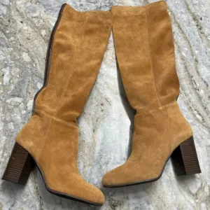 SAM EDELMAN Silas Caramel Brown Suede Knee High Stacked Heel Boots