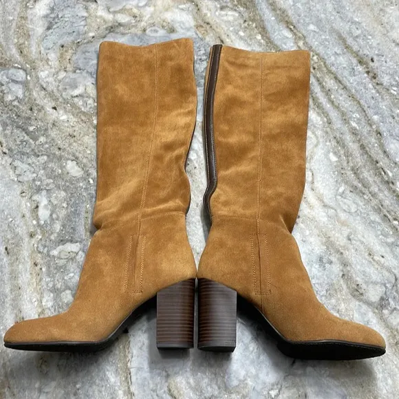SAM EDELMAN Silas Caramel Brown Suede Knee High Stacked Heel Boots