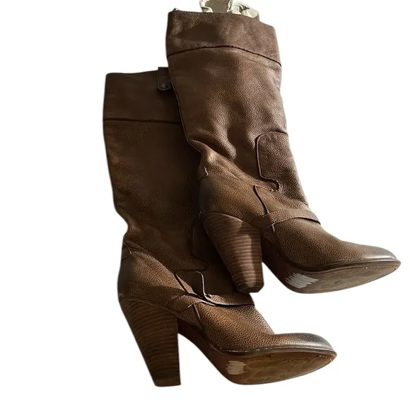 SAM EDELMAN size 8 brown/ cognac knee high brown stacked heel boots