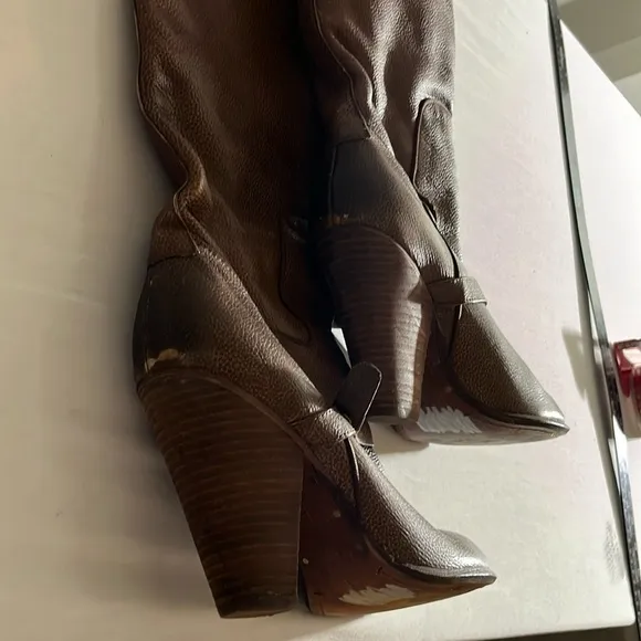 SAM EDELMAN size 8 brown/ cognac knee high brown stacked heel boots