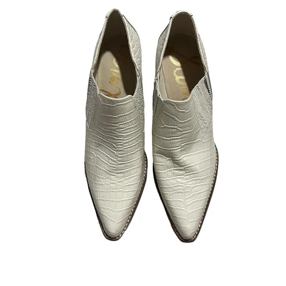 Sam Edelman Walton Croc Embossed Ankle Bootie White Size 7.5 Stacked Heel