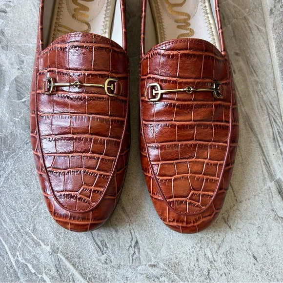Sam Edelman Women’s Loraine Bit Buckle Brown Croc-Embossed Leather Loafer Flats