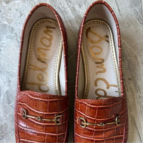 Sam Edelman Women’s Loraine Bit Buckle Brown Croc-Embossed Leather Loafer Flats