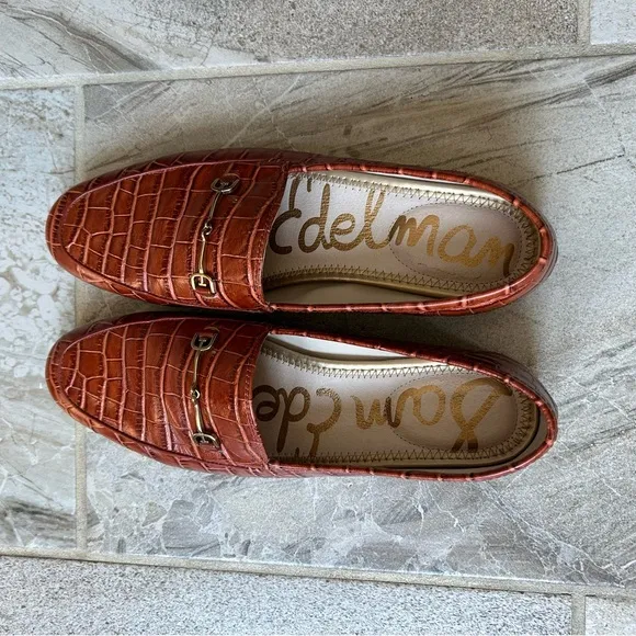 Sam Edelman Women’s Loraine Bit Buckle Brown Croc-Embossed Leather Loafer Flats