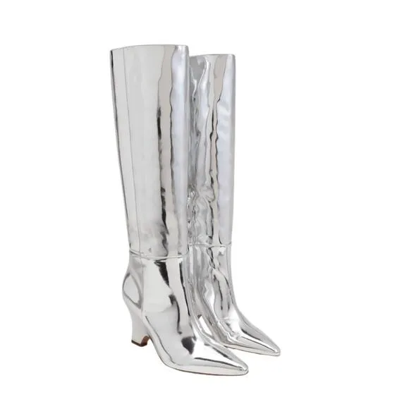 Sam Edleman Vance Silver Metallic Leather Knee High Boots NEW Size 8.5
