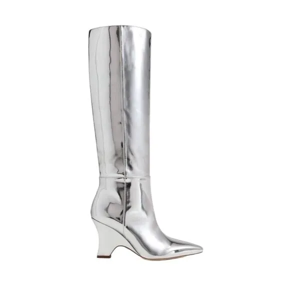 Sam Edleman Vance Silver Metallic Leather Knee High Boots NEW Size 8.5