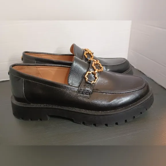 Sam Libby Chunky Platform Goth Loafers 10 Black Gold Chain Dark Academia