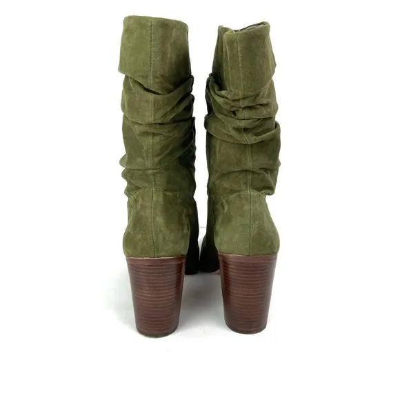 SCHUTZ Ashlee Block Heel Suede Slouch Ruched Boots Olive Green 10 Pointed