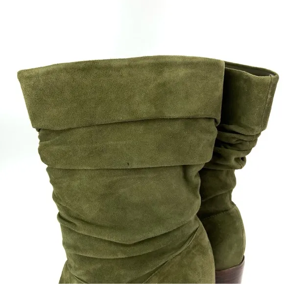 SCHUTZ Ashlee Block Heel Suede Slouch Ruched Boots Olive Green 10 Pointed