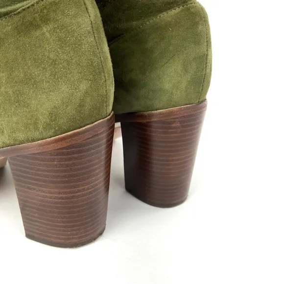 SCHUTZ Ashlee Block Heel Suede Slouch Ruched Boots Olive Green 10 Pointed