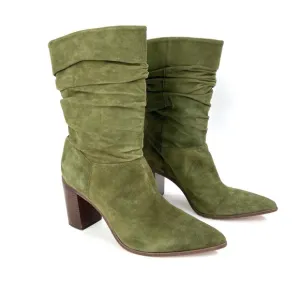 SCHUTZ Ashlee Block Heel Suede Slouch Ruched Boots Olive Green 10 Pointed