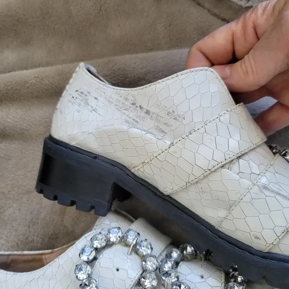 Schutz Doris Embellished Buckle Loafers Black White Rhinestone Buckle