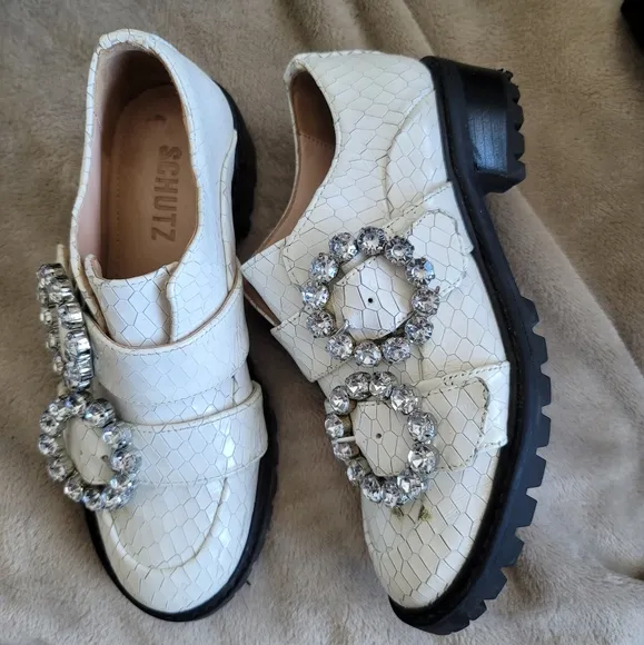 Schutz Doris Embellished Buckle Loafers Black White Rhinestone Buckle